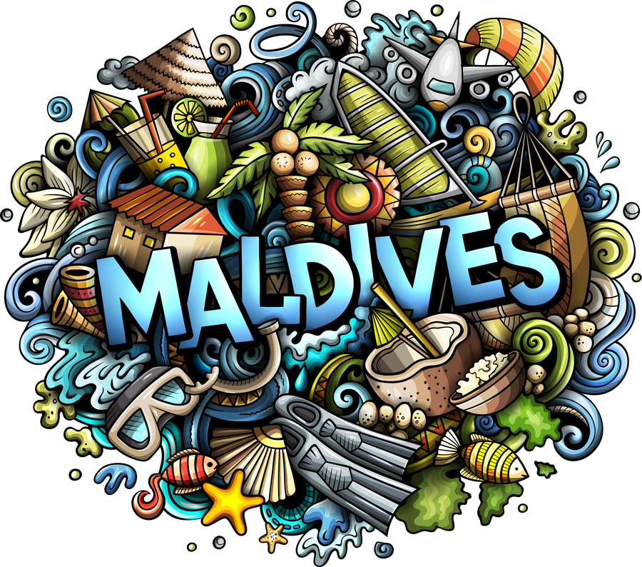 Maldives detailed lettering cartoon illustration